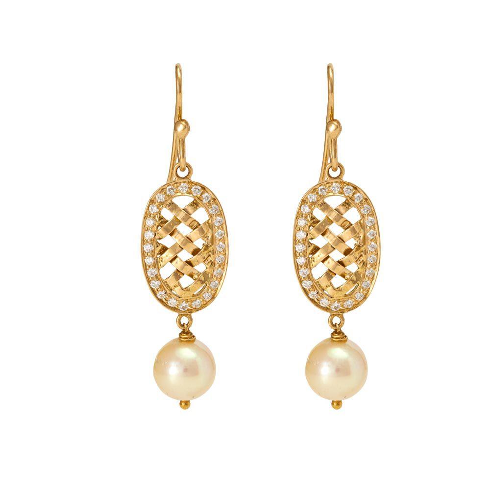 18K Yellow Gold Gold Cultured South Sea Pearl,Diamond Earrings for women