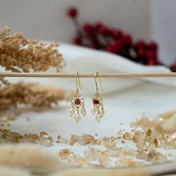 Ornate Garnet & Pearl 18K Gold Dangle Earrings
