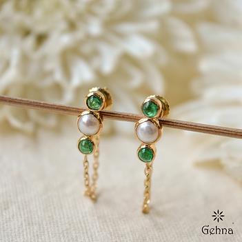 Delicate Pearl & Emerald 18K Gold Chain Earrings 