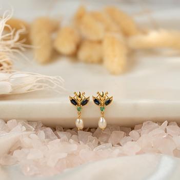 Royal Bloom Pearl & Sapphire 18K Gold Stud Earrings