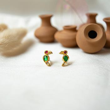 Elegant Bird Ruby, Diamond & Emerald 18k Gold Stud Earrings