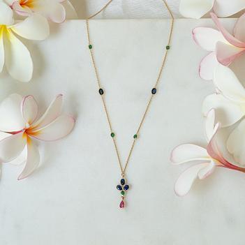 Elegant Ruby Emerald  & Sapphire Drop 14K Gold Chain (16 inches)
