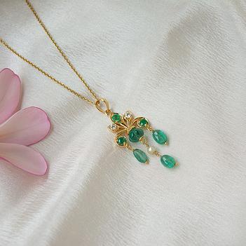 Royal Verde Emerald, Diamond & Pearl 18K Gold Pendant (without chain)