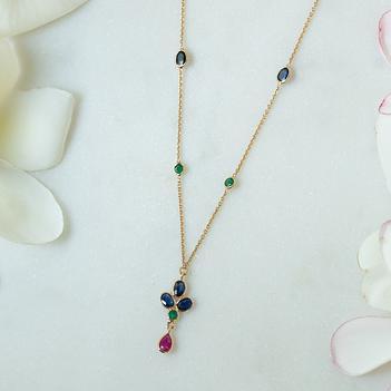 Elegant Ruby Emerald  & Sapphire Drop 14K Gold Chain (16 inches)