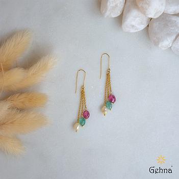 Gleaming Pearl, Tourmaline and Emerald 18K Gold Earring