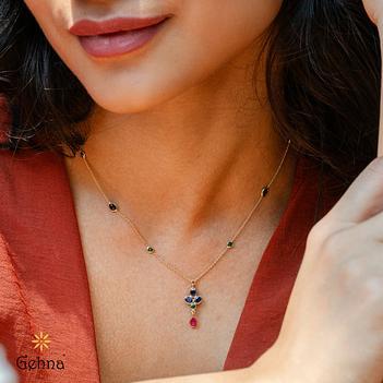 Elegant Ruby Emerald  & Sapphire Drop 14K Gold Chain (16 inches)