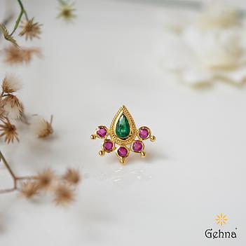 Gem Glint Ruby & Emerald 22K Gold Nose Pin (Screw Type)