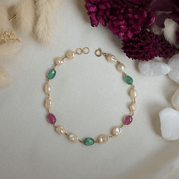 Glowing Treasures Pearl, Tourmaline & Emerald 18K Gold Bracelet (7 Inches)