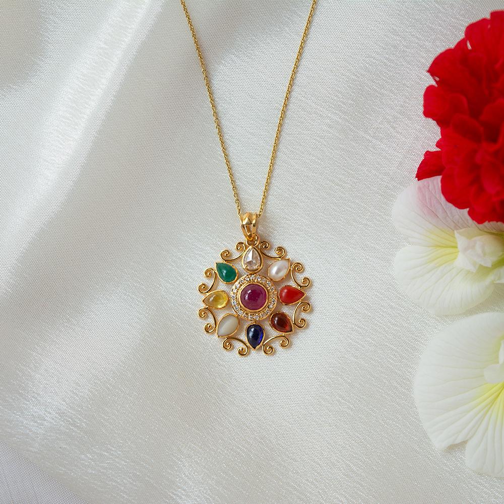 22K Yellow Gold Gold Diamond,Navratna Stones Pendants for women
