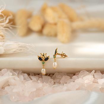 Royal Bloom Pearl & Sapphire 18K Gold Stud Earrings