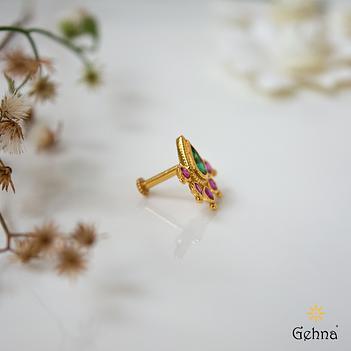 Gem Glint Ruby & Emerald 22K Gold Nose Pin (Screw Type)