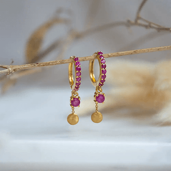 Striking Ruby & Gold Dangler 18K Gold Hoop Earrings