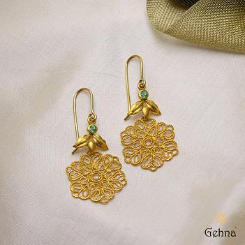 Handmade Filigree & Emerald 18K Gold Hook Earrings