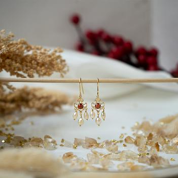 Ornate Garnet & Pearl 18K Gold Dangle Earrings