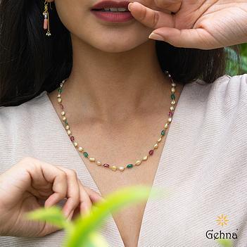String of Beauty Pearl & Precious Stone 18K Gold Chain (18 Inches)