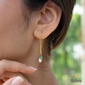 Gleaming Pearl, Tourmaline and Emerald 18K Gold Earring