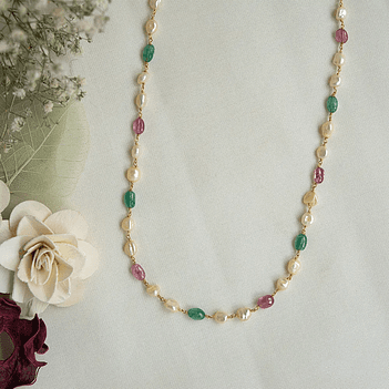 String of Beauty Pearl & Precious Stone 18K Gold Chain (18 Inches)