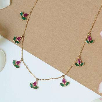 Timeless Ruby Emerald Leaf 14K Gold Chain (16 inches)
