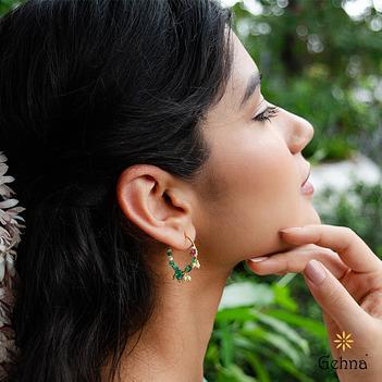 Enchanting Ruby, Emerald & Pearl 18K Gold Hoop Earring 