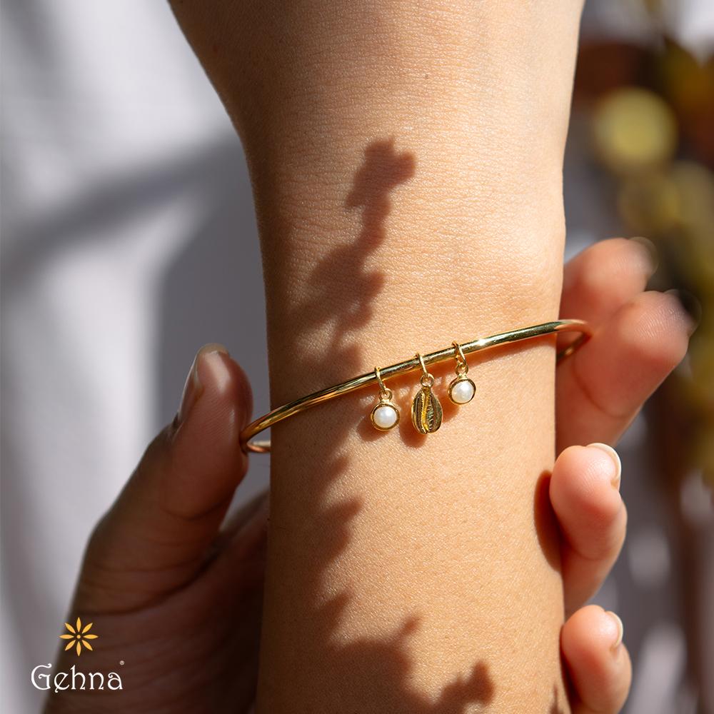 Shop Oceanic Pearl & Cowrie Shell 18K Gold Flexible Bangle for