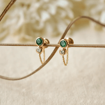 Diamond & Emerald 18K Gold Chain Stud Earrings