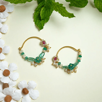 Enchanting Ruby, Emerald & Pearl 18K Gold Hoop Earring 