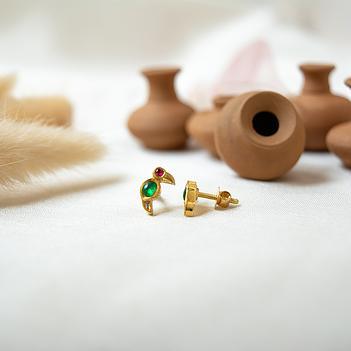 Elegant Bird Ruby, Diamond & Emerald 18k Gold Stud Earrings