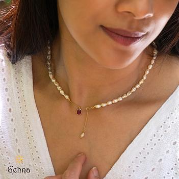 Regal Ruby & Baroque Pearl 18K Gold Lariat Chain (16 inches)