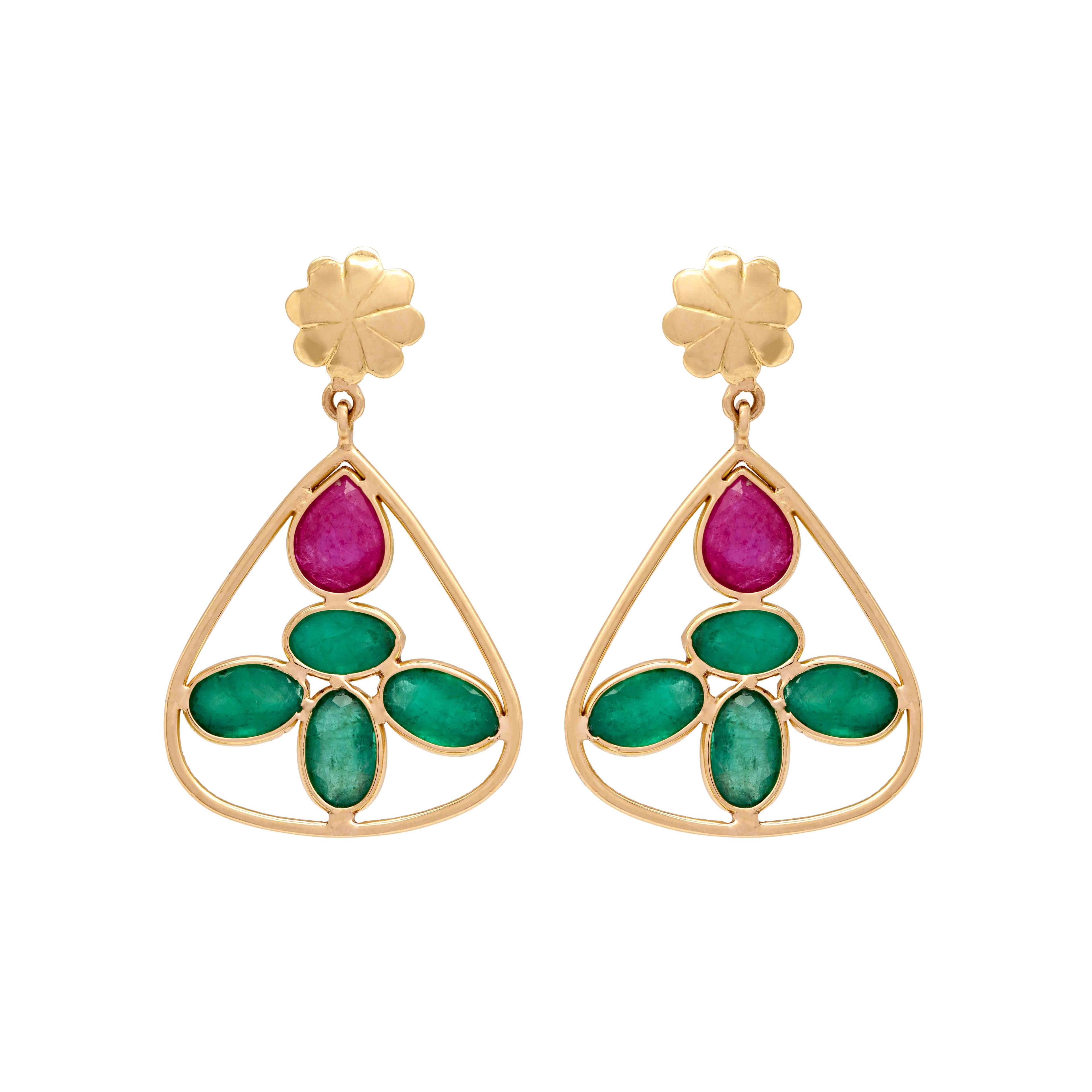 18K Yellow Gold Gold Ruby,Emerald Earrings for women