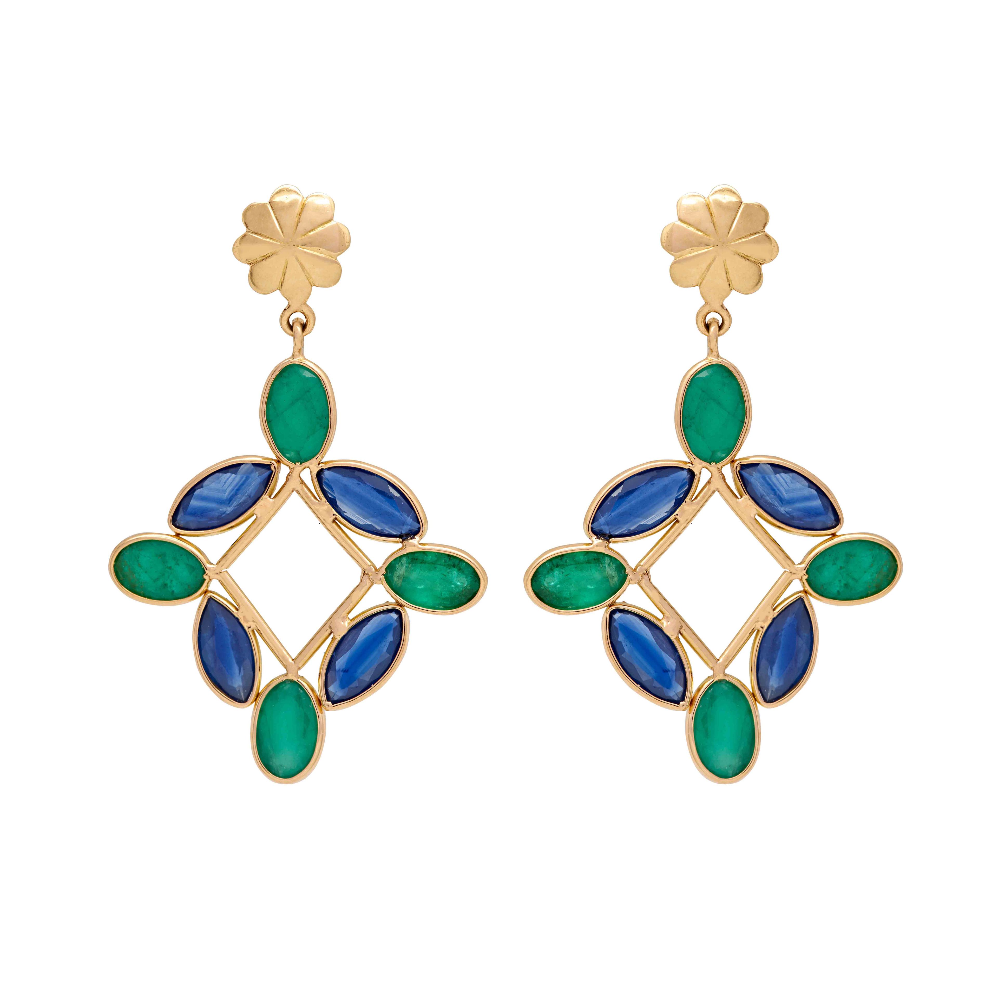 18K Yellow Gold Gold Blue Sapphire,Emerald Earrings for women