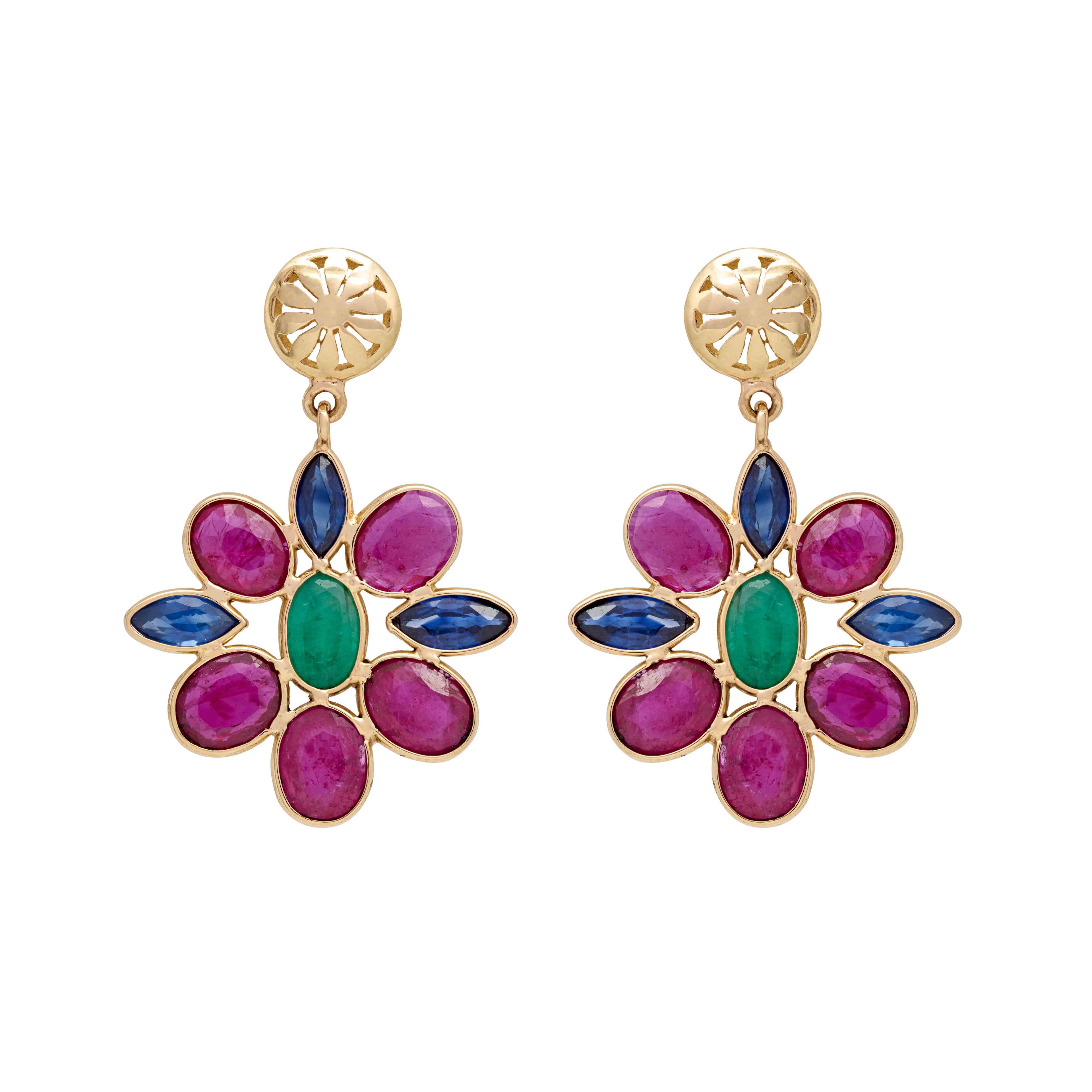 18K Yellow Gold Gold Ruby,Blue Sapphire,Emerald Earrings for women