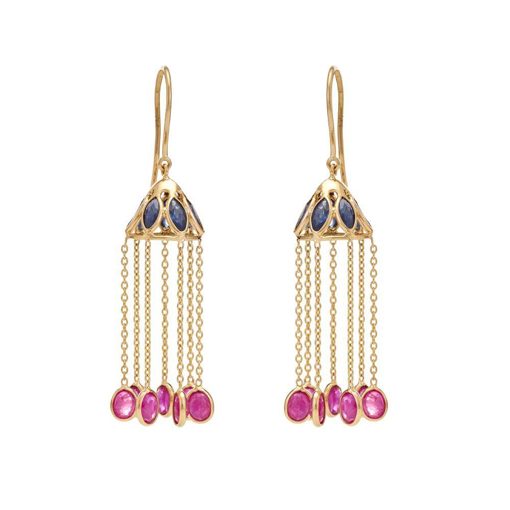 18K Yellow Gold Gold Ruby,Blue Sapphire Earrings for women