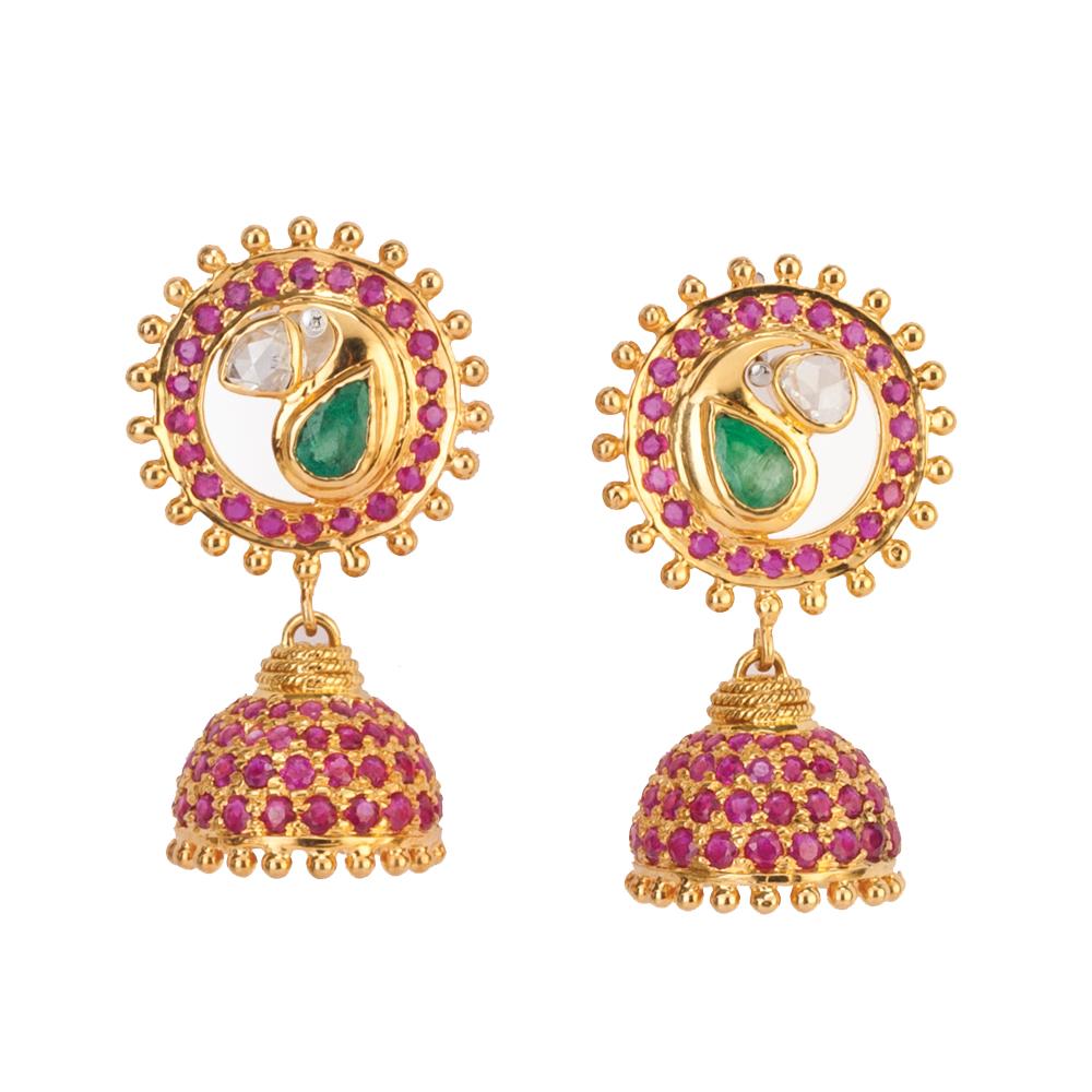 18K Yellow Gold Gold Ruby,Diamond,Emerald Jhumki for women