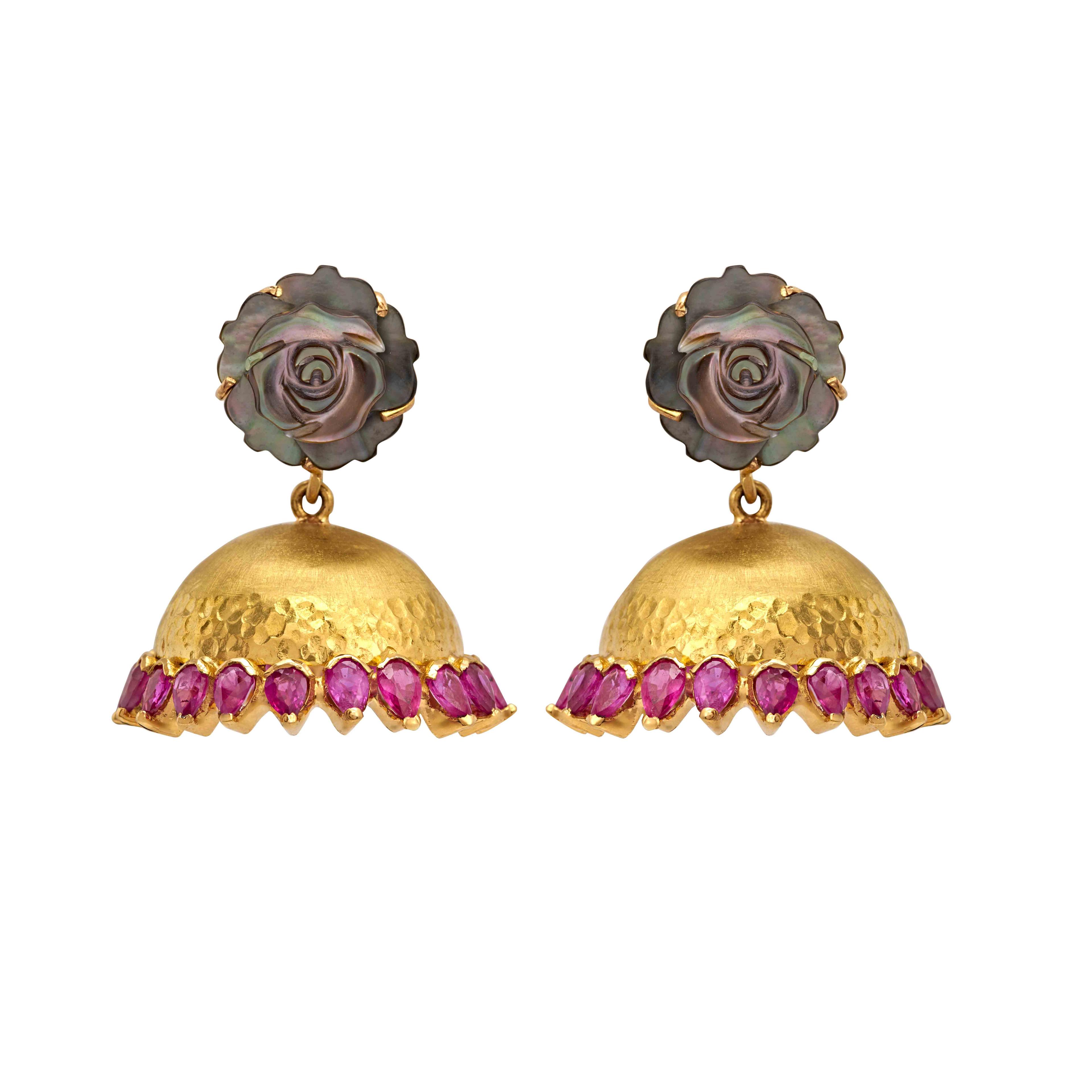 18K Yellow Gold Gold Ruby,Mother Of Pearl Jhumki for women