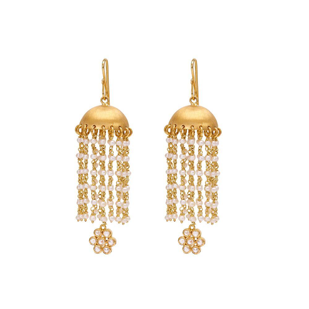 18K Yellow Gold Gold Cultured Freshwater Pearl,Diamond Jhumki for women