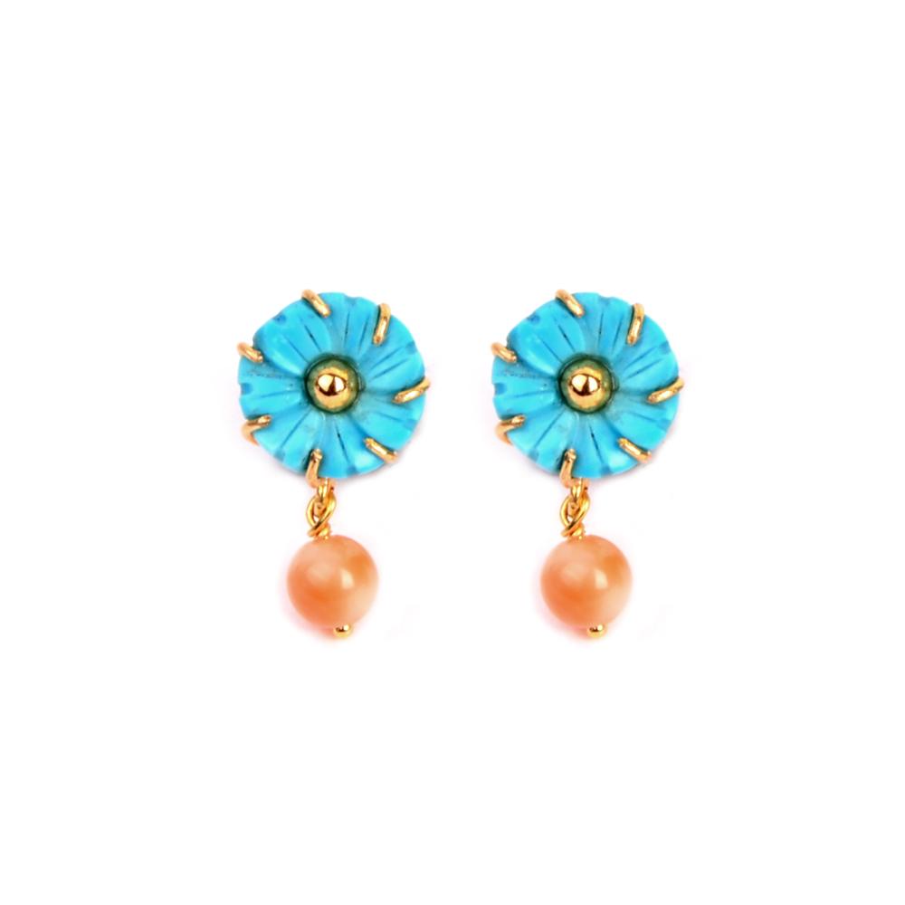18K Yellow Gold Gold Turquoise,Pearl Earrings for women
