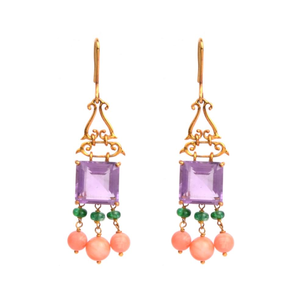 18K Yellow Gold Gold Emerald,Coral,Amethyst Earrings for women