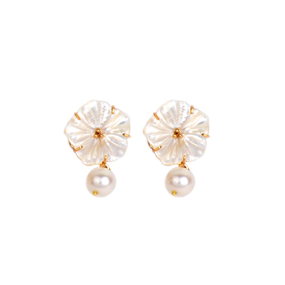18K Yellow Gold Gold Mother Of Pearl,Pearl Earrings for women