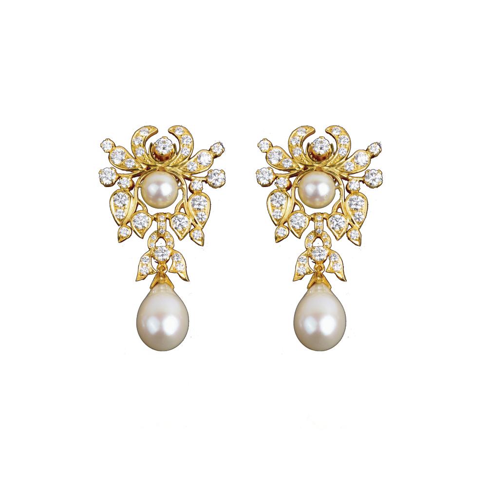 18K Yellow Gold Gold Pearl,Diamond Earrings for women