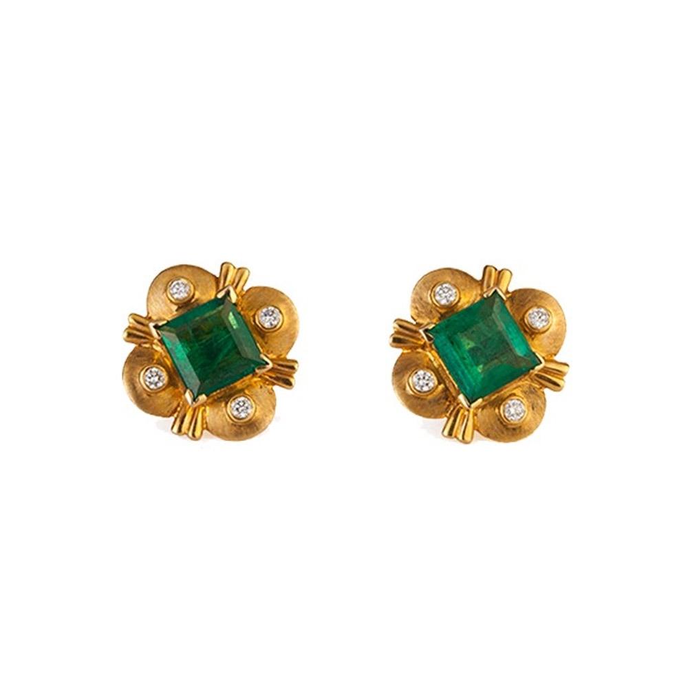 18K Yellow Gold Gold Diamond,Emerald Earrings for women