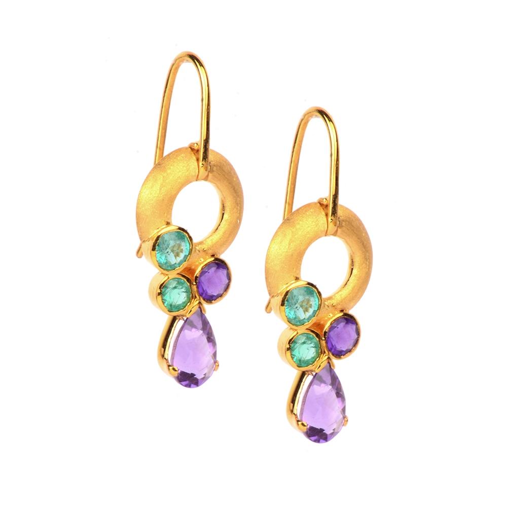 18K Yellow Gold Gold Amethyst,Emerald Earrings for women