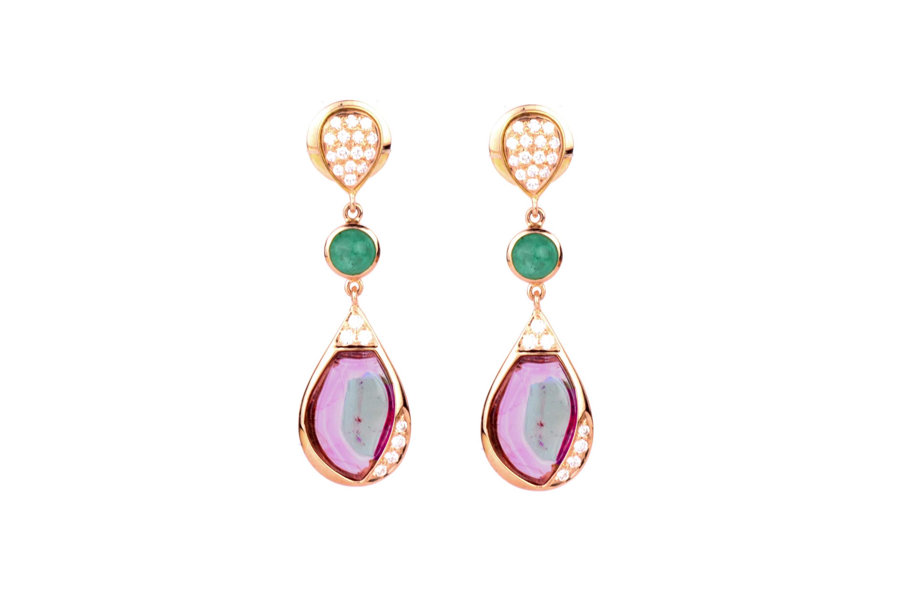 18K Yellow Gold Gold Diamond,Tourmaline,Emerald Earrings for women