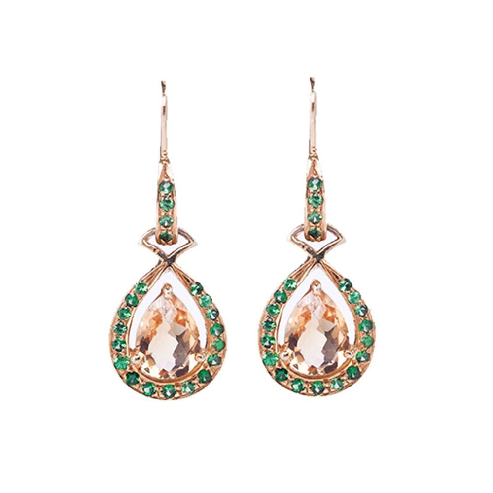 18K Yellow Gold Gold Golden Topaz,Emerald Earrings for women