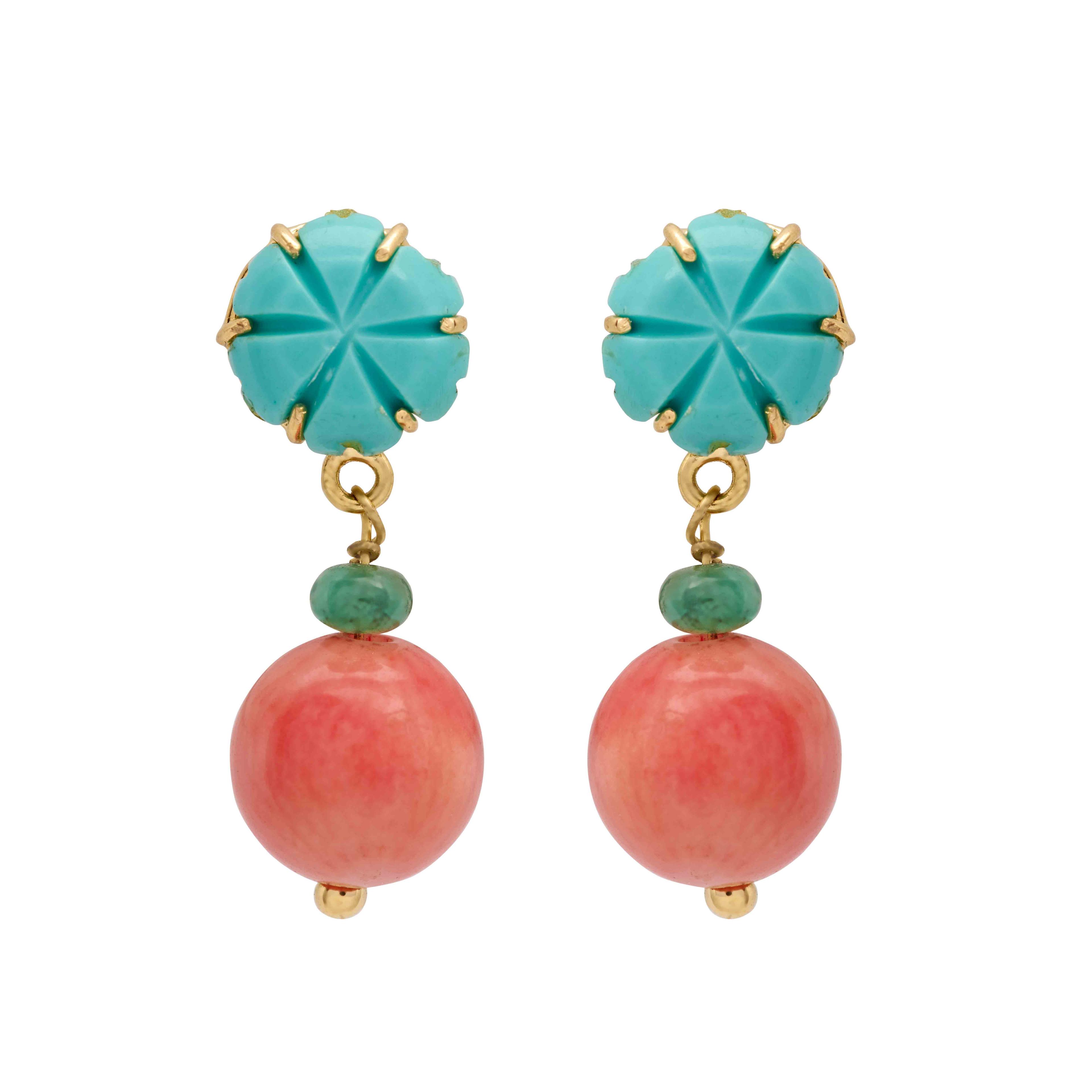 18K Yellow Gold Gold Turquoise,Coral,Emerald Earrings for women