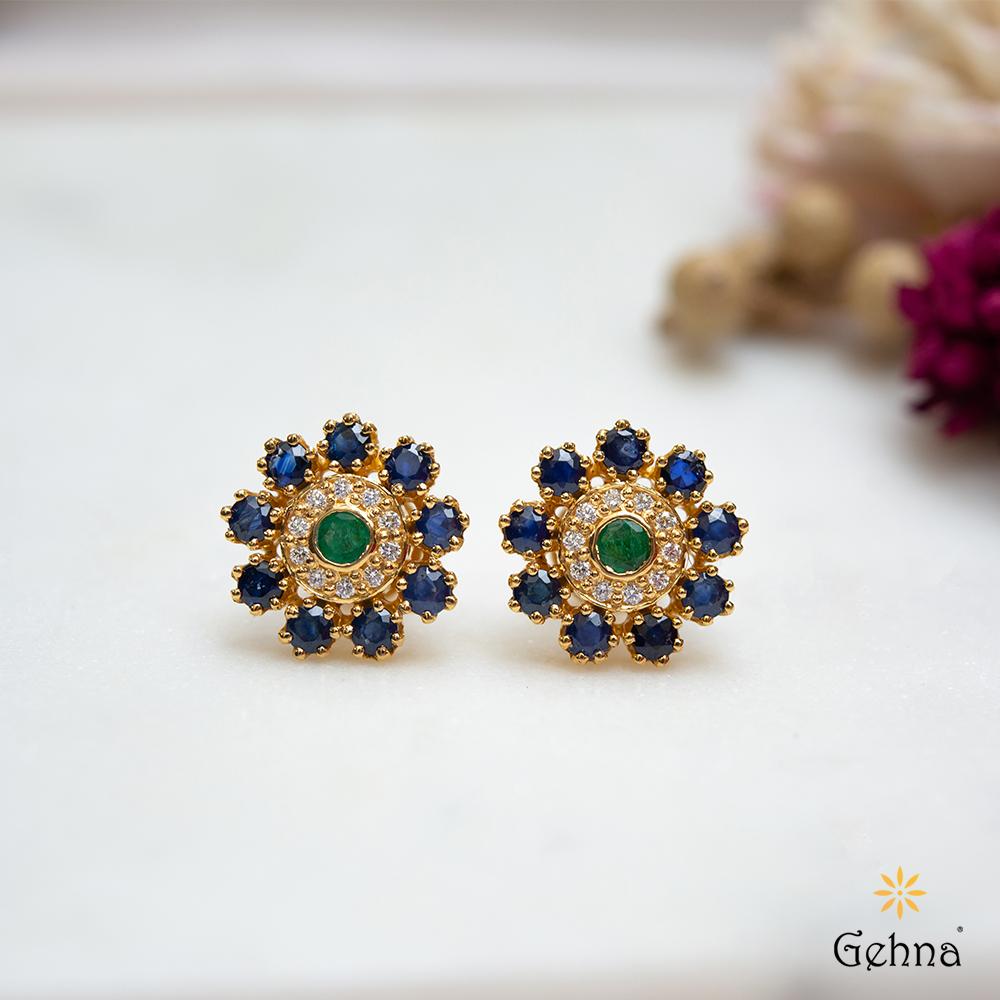 18K Yellow Gold Gold Blue Sapphire,Diamond,Emerald Earrings for women