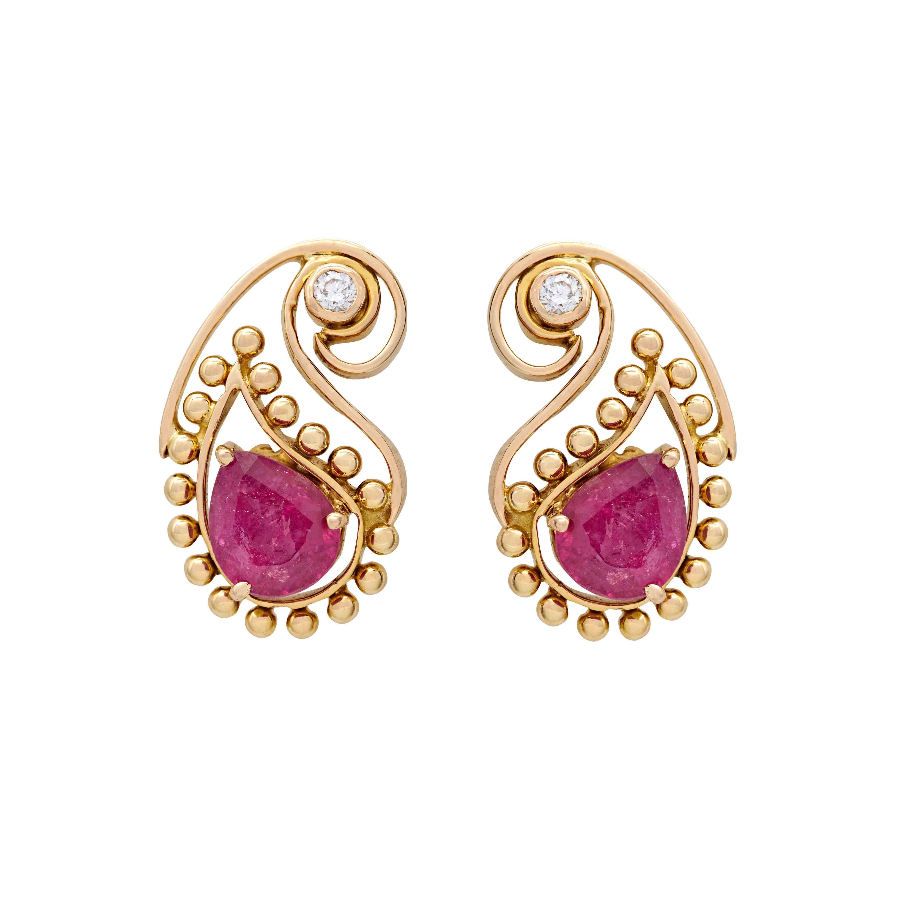 18K Yellow Gold Gold Ruby,Diamond Earrings for women
