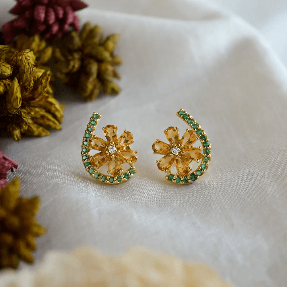 18K Yellow Gold Gold Golden Topaz,Diamond,Emerald Earrings for women