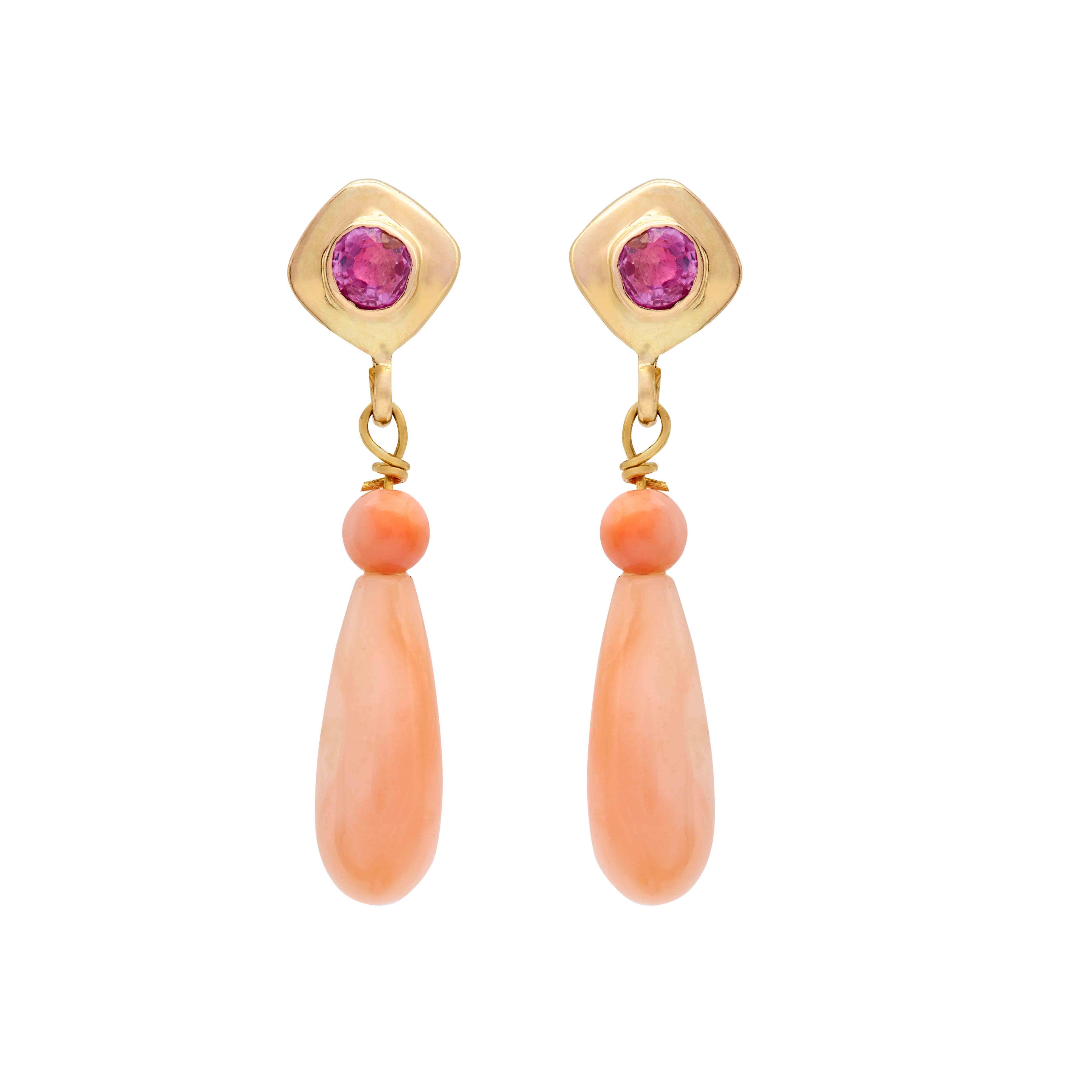 18K Yellow Gold Gold Ruby,Coral Earrings for women