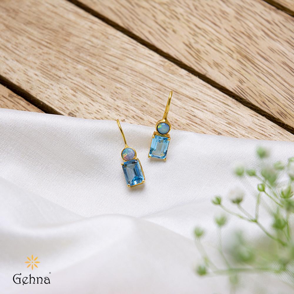 18K Yellow Gold Gold Blue Topaz,Opal Earrings for women