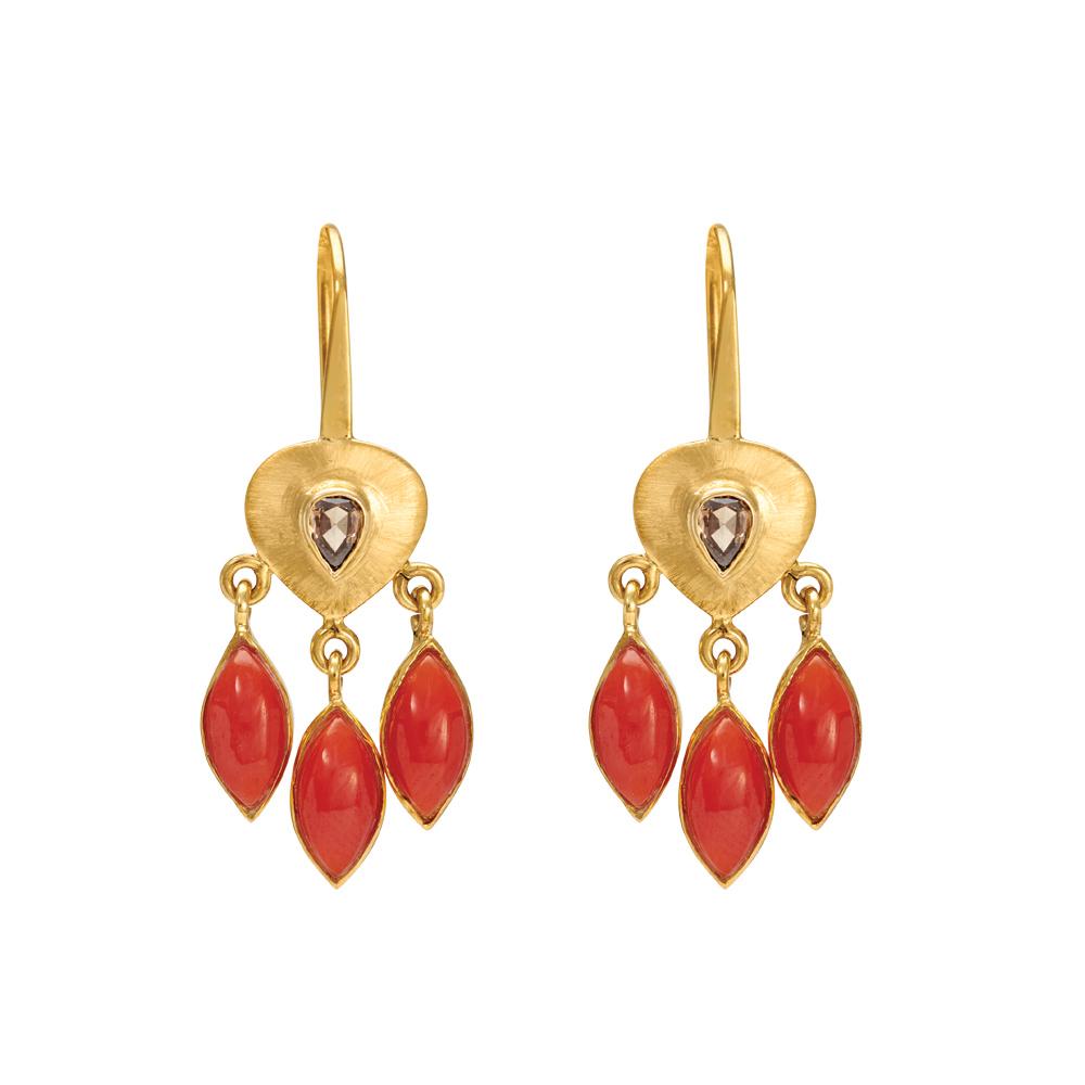 18K Yellow Gold Gold Diamond,Coral Earrings for women